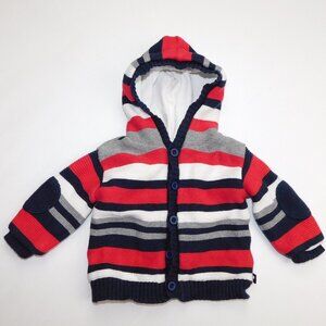 Kitestrings Striped Knit Hooded lined Cardigan Sweater Red White Baby 0-3 Month